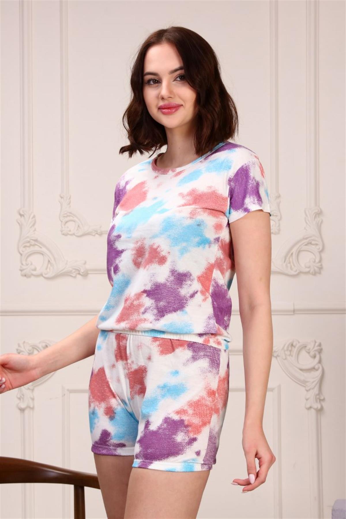 Pijama Takımı Kadın Batik Desenli Lastikli Kısa Şortlu Pijama Takımı Mor
