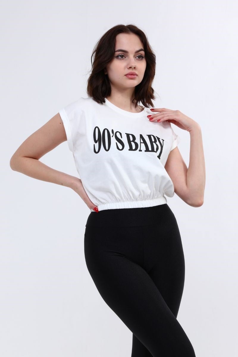 Tshirt Kadın Beli Lastikli Crop T-Shirt Beyaz