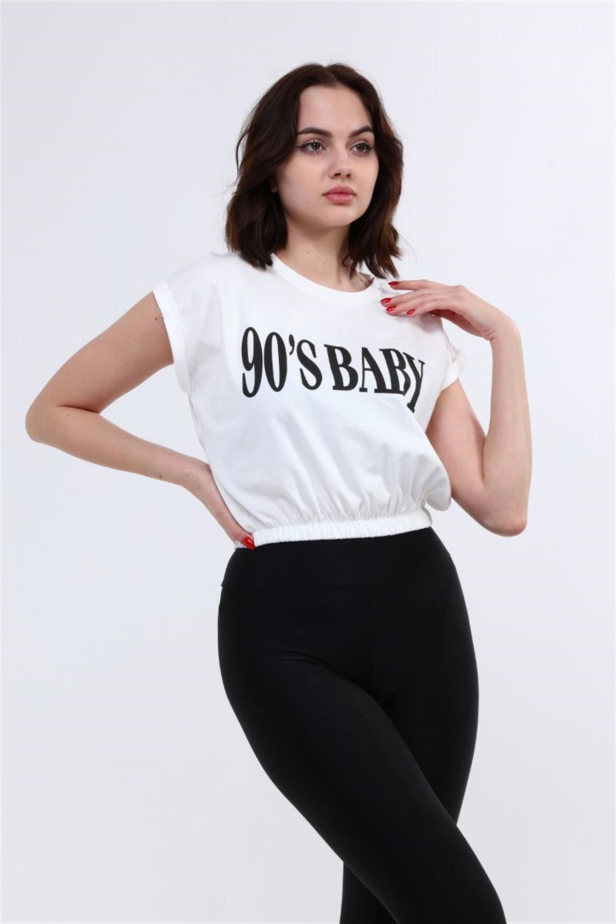 Tshirt Kadın Beli Lastikli Crop T-Shirt Beyaz