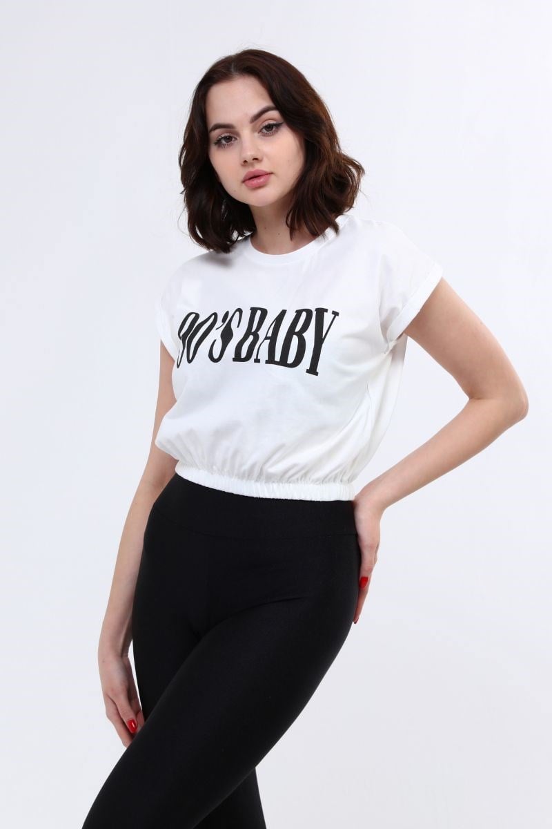 Tshirt Kadın Beli Lastikli Crop T-Shirt Beyaz