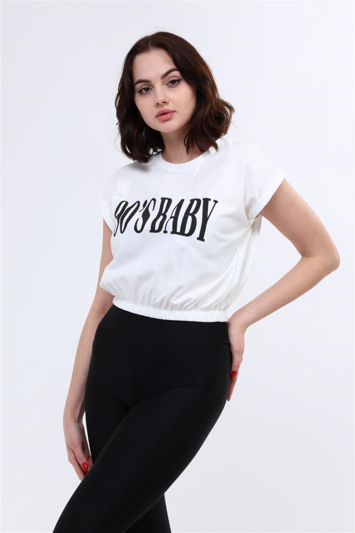 Tshirt Kadın Beli Lastikli Crop T-Shirt Beyaz