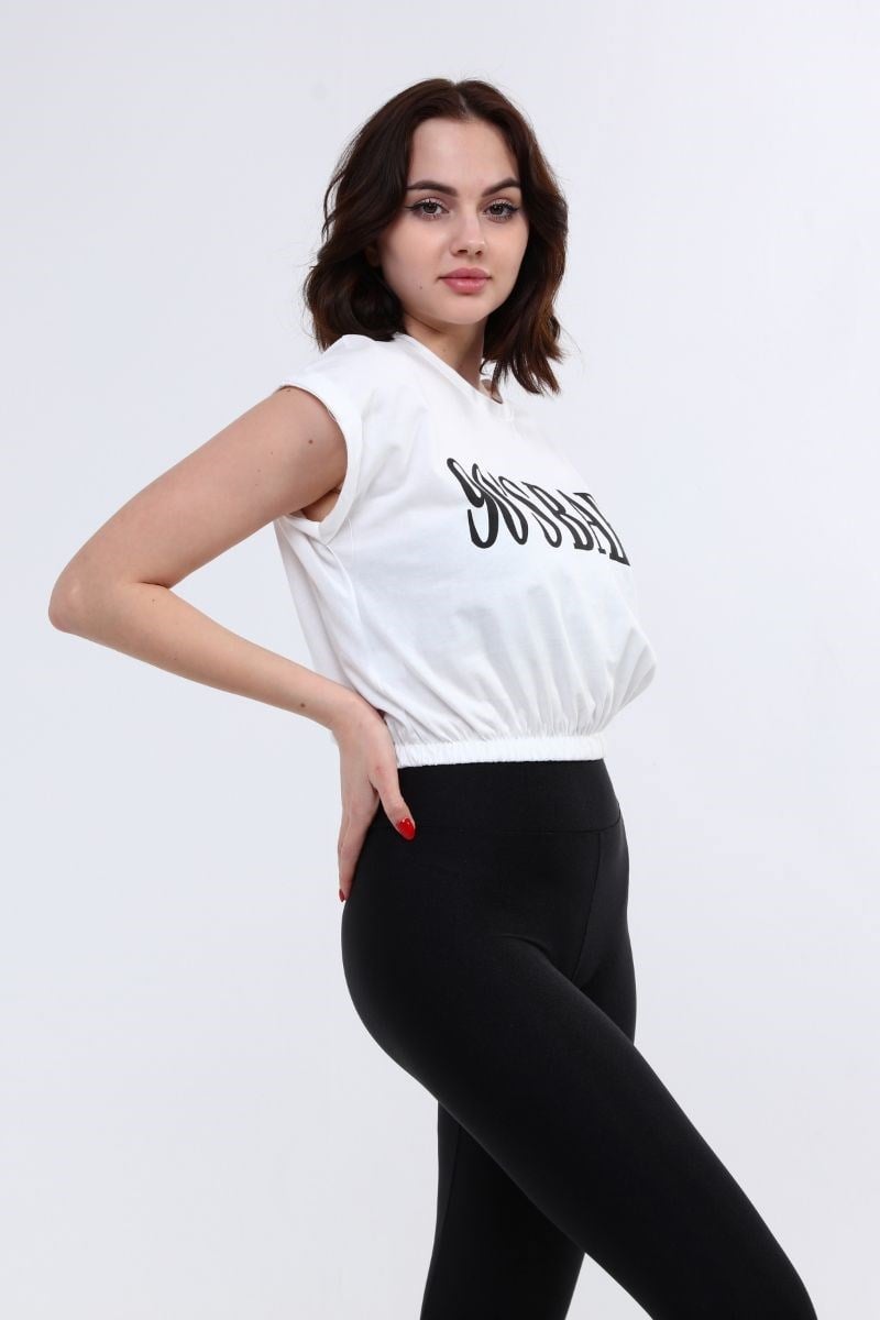 Tshirt Kadın Beli Lastikli Crop T-Shirt Beyaz