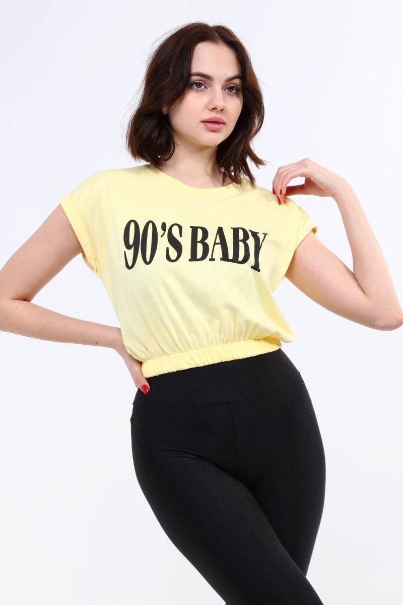 Tshirt Kadın Beli Lastikli Crop T-Shirt Sarı