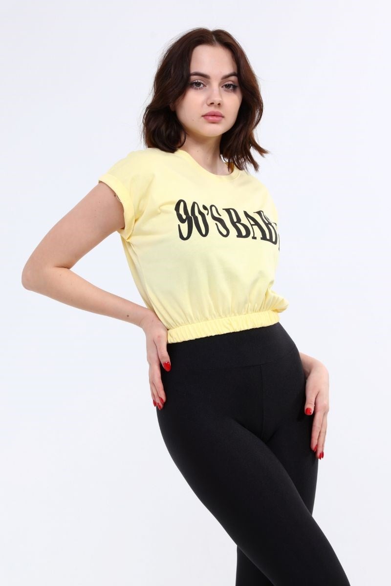 Tshirt Kadın Beli Lastikli Crop T-Shirt Sarı