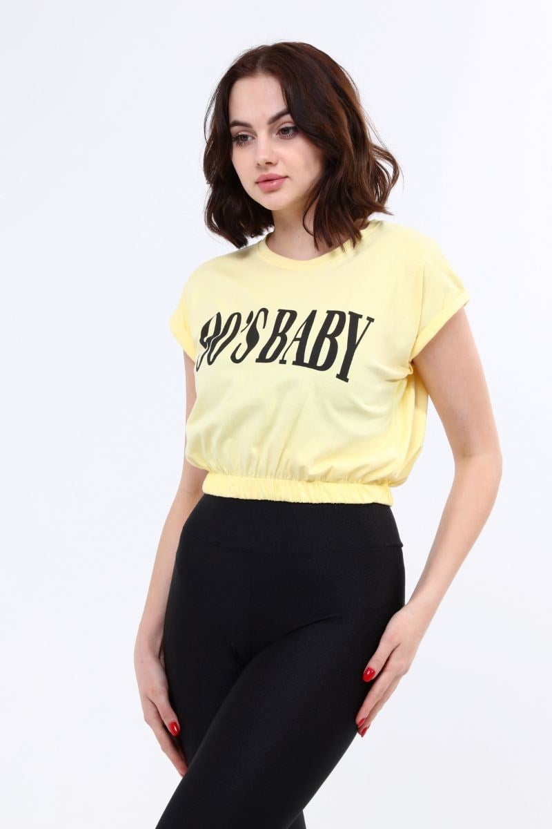 Tshirt Kadın Beli Lastikli Crop T-Shirt Sarı