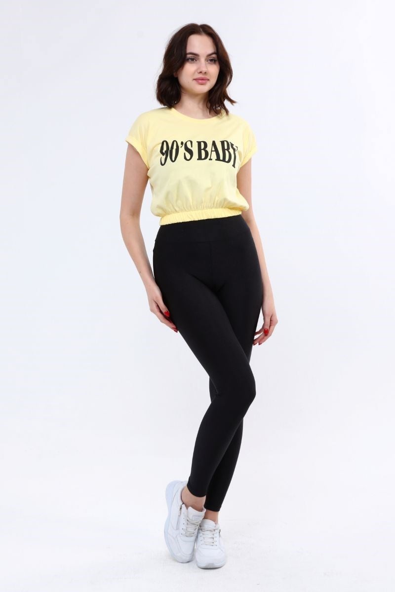 Tshirt Kadın Beli Lastikli Crop T-Shirt Sarı