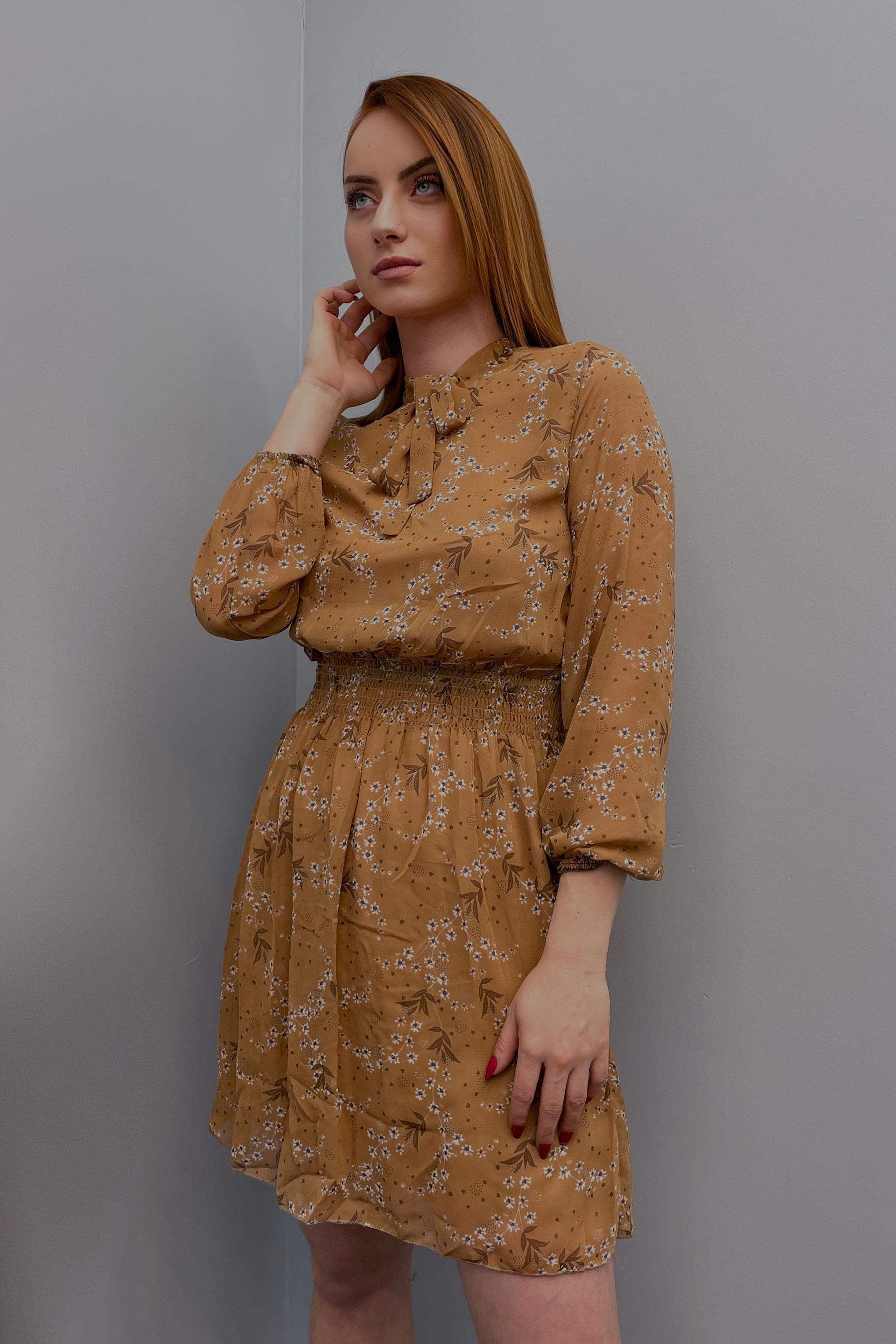 Elbise Kadın Beli Lastikli Elbise Camel