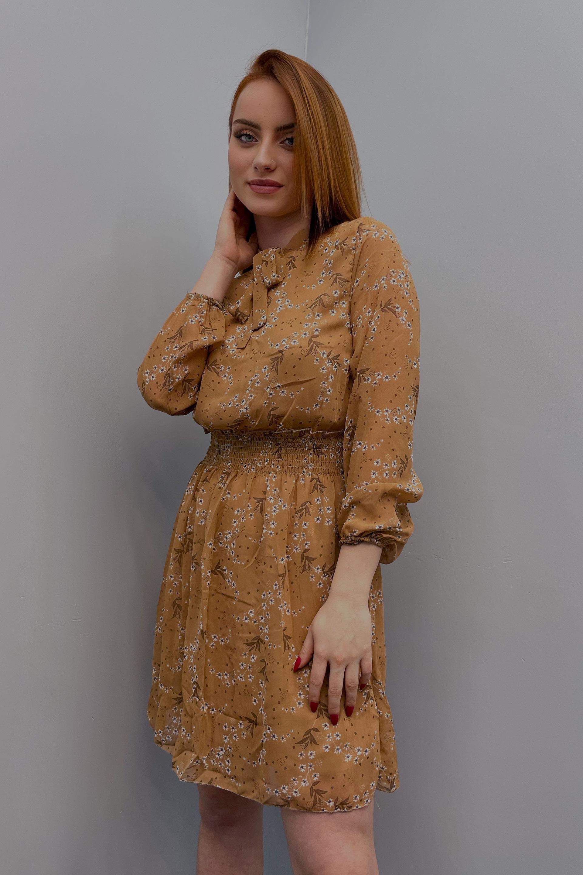 Elbise Kadın Beli Lastikli Elbise Camel