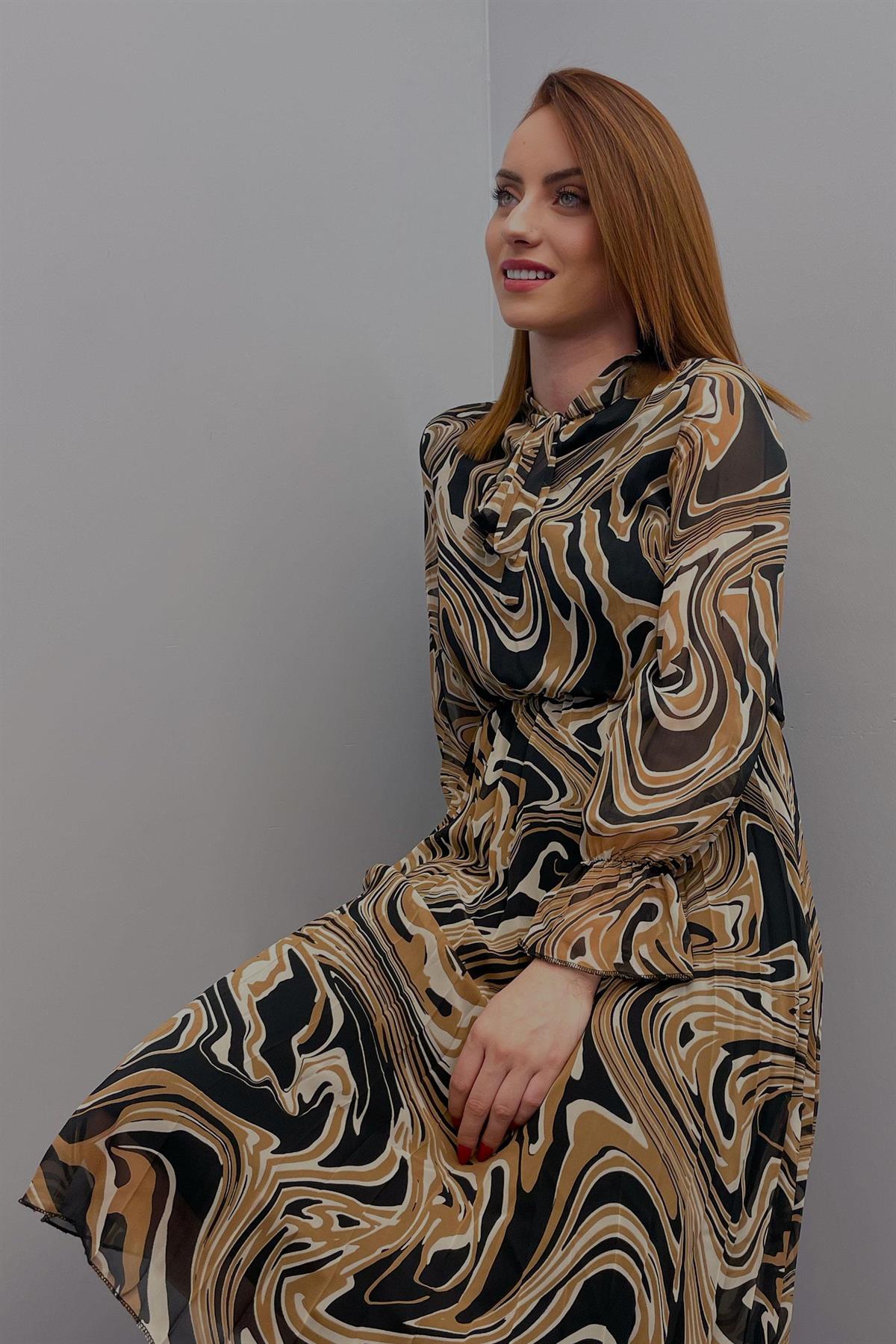 Elbise Kadın Beli Lastikli Şifon Elbise Camel