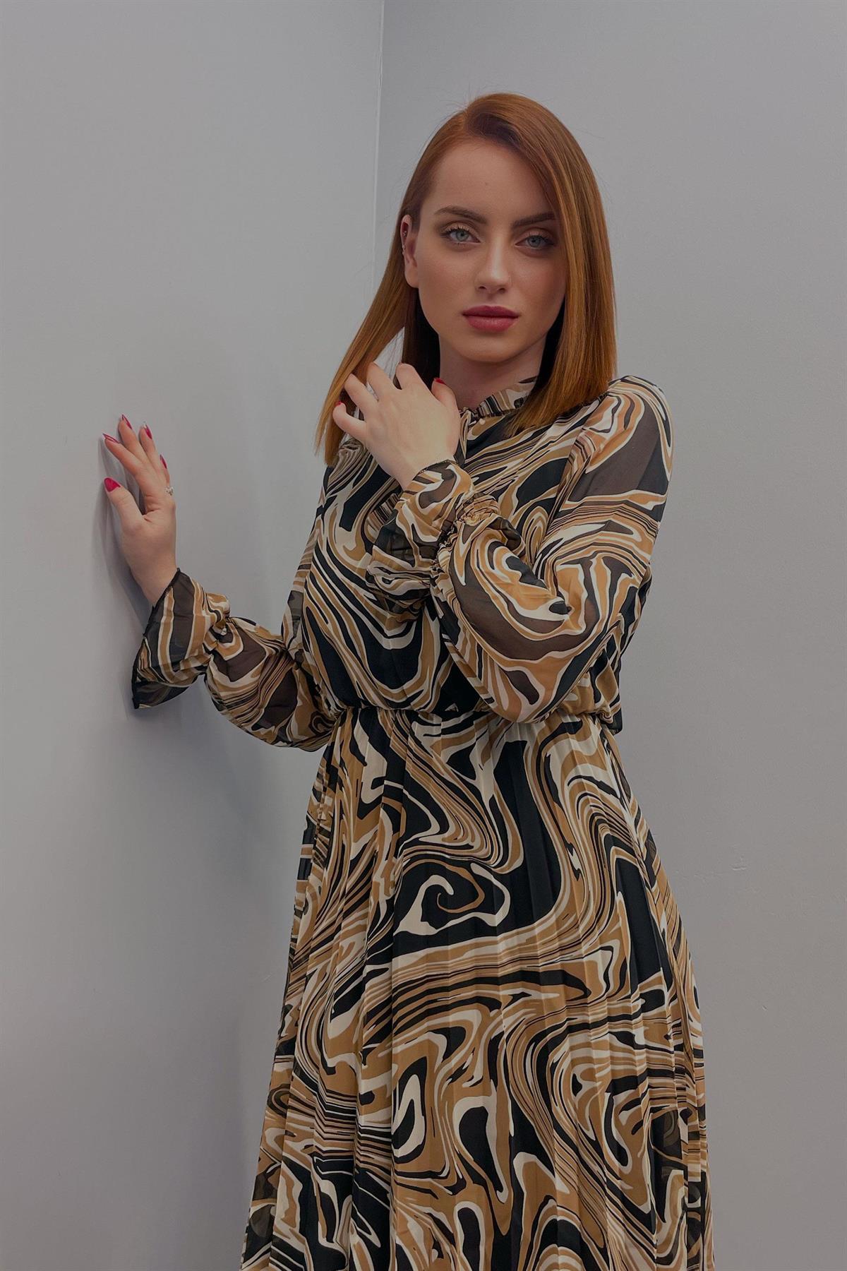 Elbise Kadın Beli Lastikli Şifon Elbise Camel