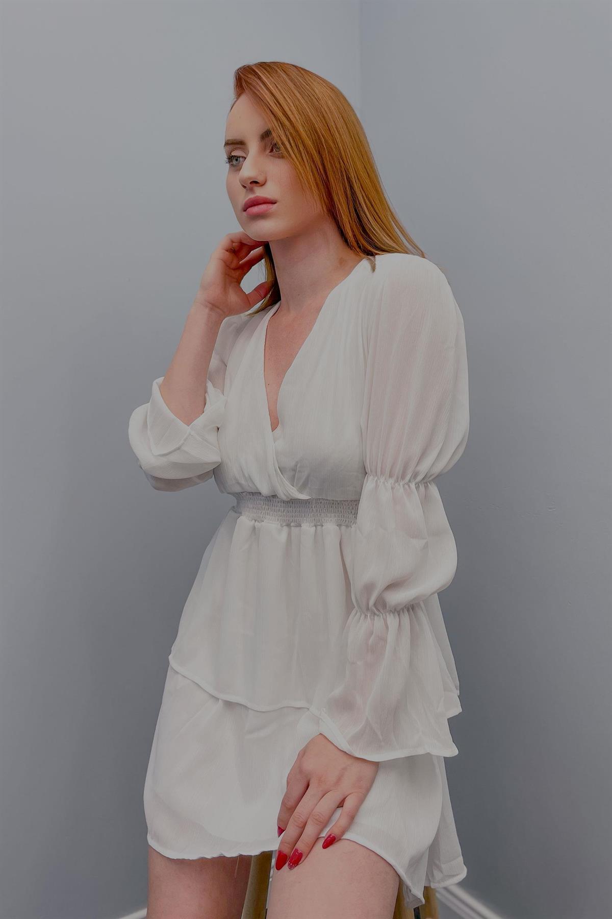 Elbise Kadın Beli Lastikli Şifon Mini Elbise Beyaz