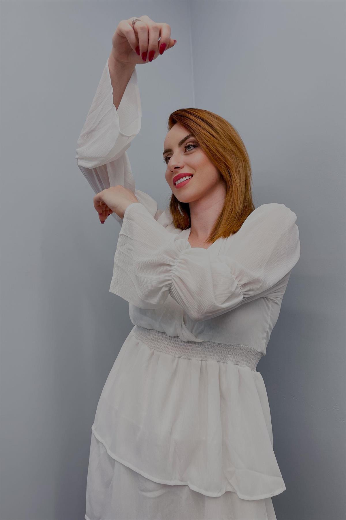 Elbise Kadın Beli Lastikli Şifon Mini Elbise Beyaz