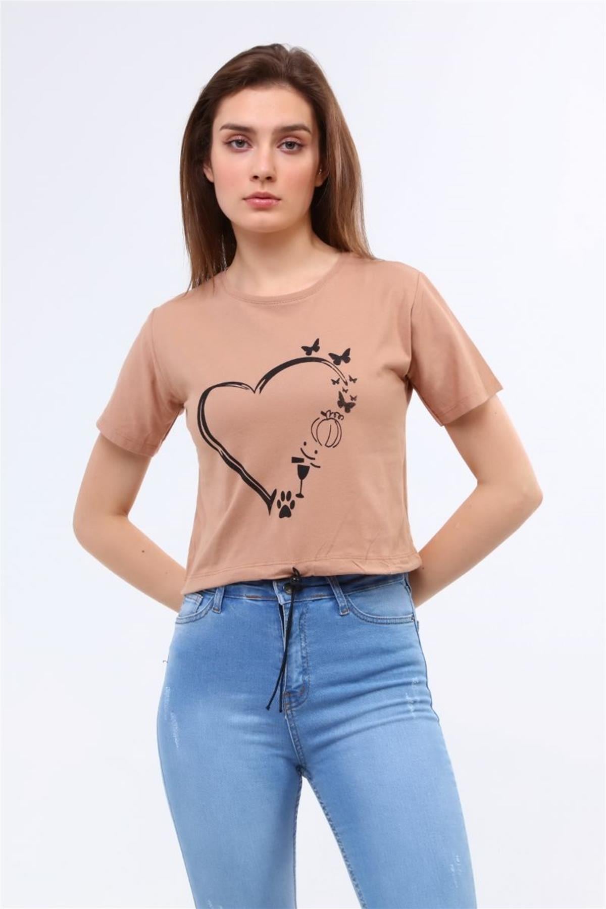 Tshirt Kadın Bisiklet Yaka Ayarlanabilir Ipli Crop T-Shirt Kahverengi