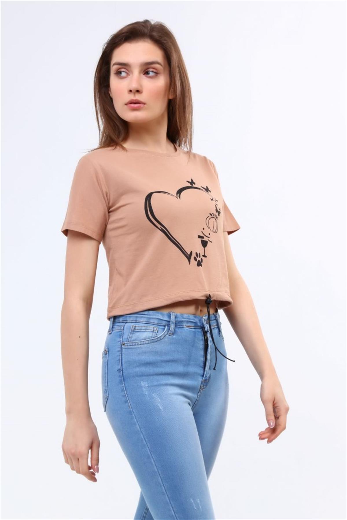 Tshirt Kadın Bisiklet Yaka Ayarlanabilir Ipli Crop T-Shirt Kahverengi