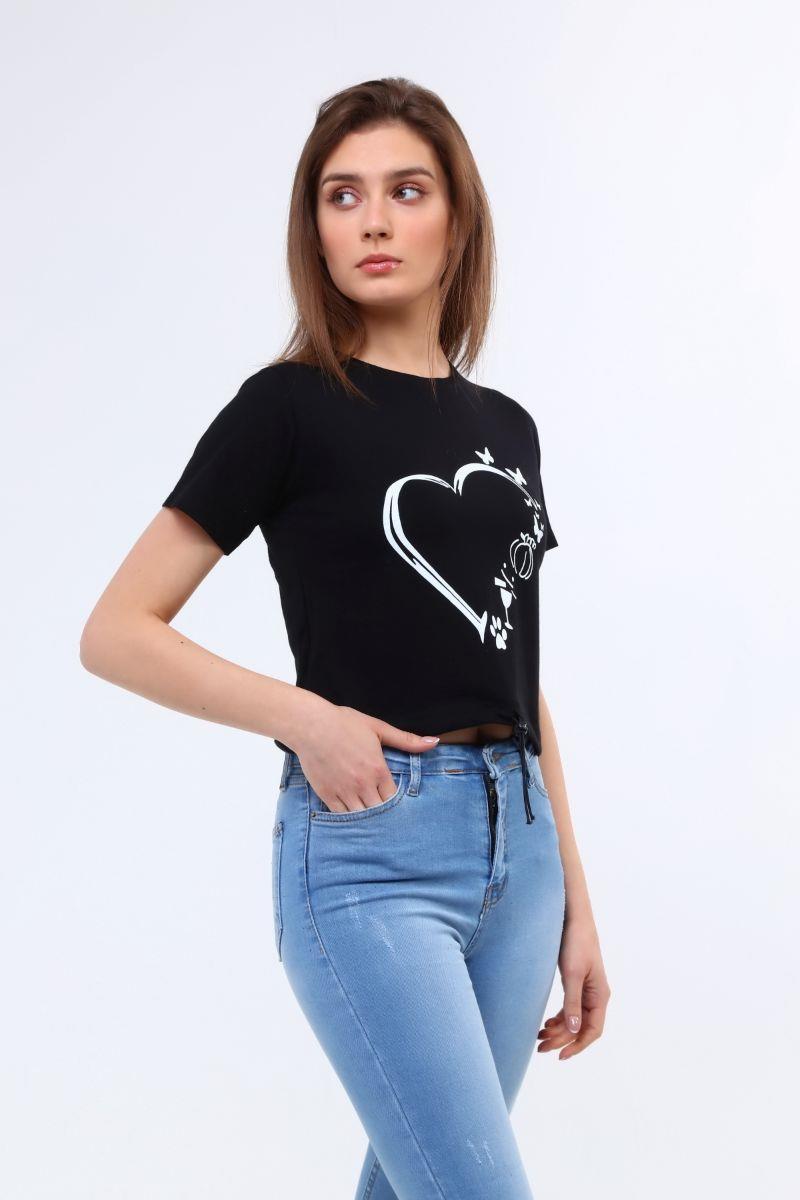 Tshirt Kadın Bisiklet Yaka Ayarlanabilir Ipli Crop T-Shirt Siyah