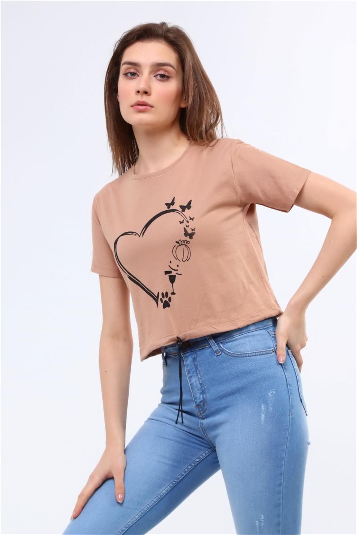 Tshirt Kadın Bisiklet Yaka Ayarlanabilir Ipli Crop T-Shirt Kahverengi
