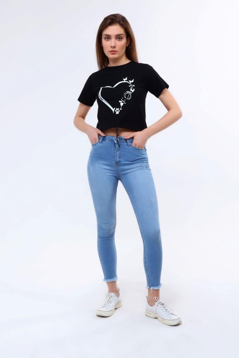 Tshirt Kadın Bisiklet Yaka Ayarlanabilir Ipli Crop T-Shirt Siyah