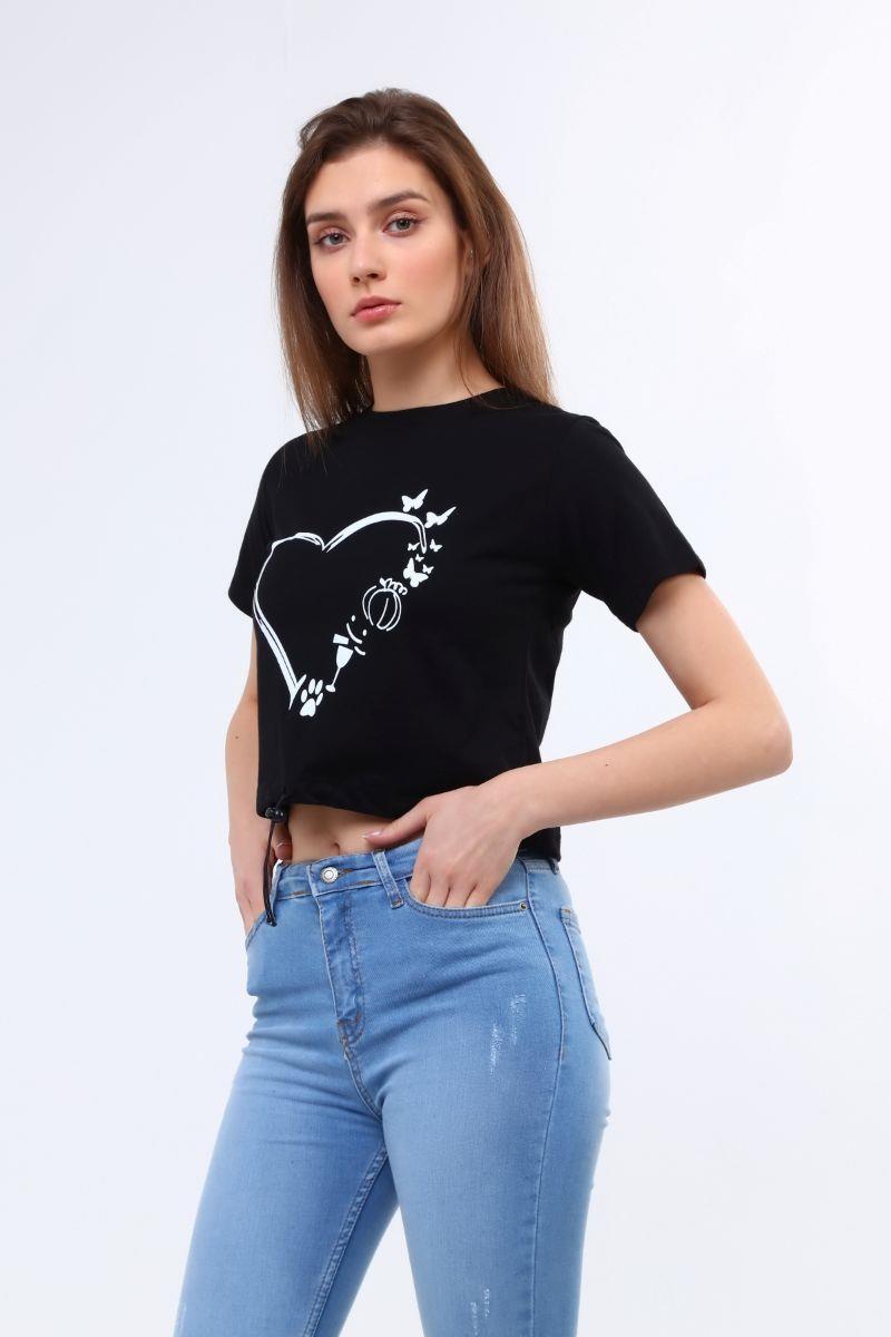 Tshirt Kadın Bisiklet Yaka Ayarlanabilir Ipli Crop T-Shirt Siyah