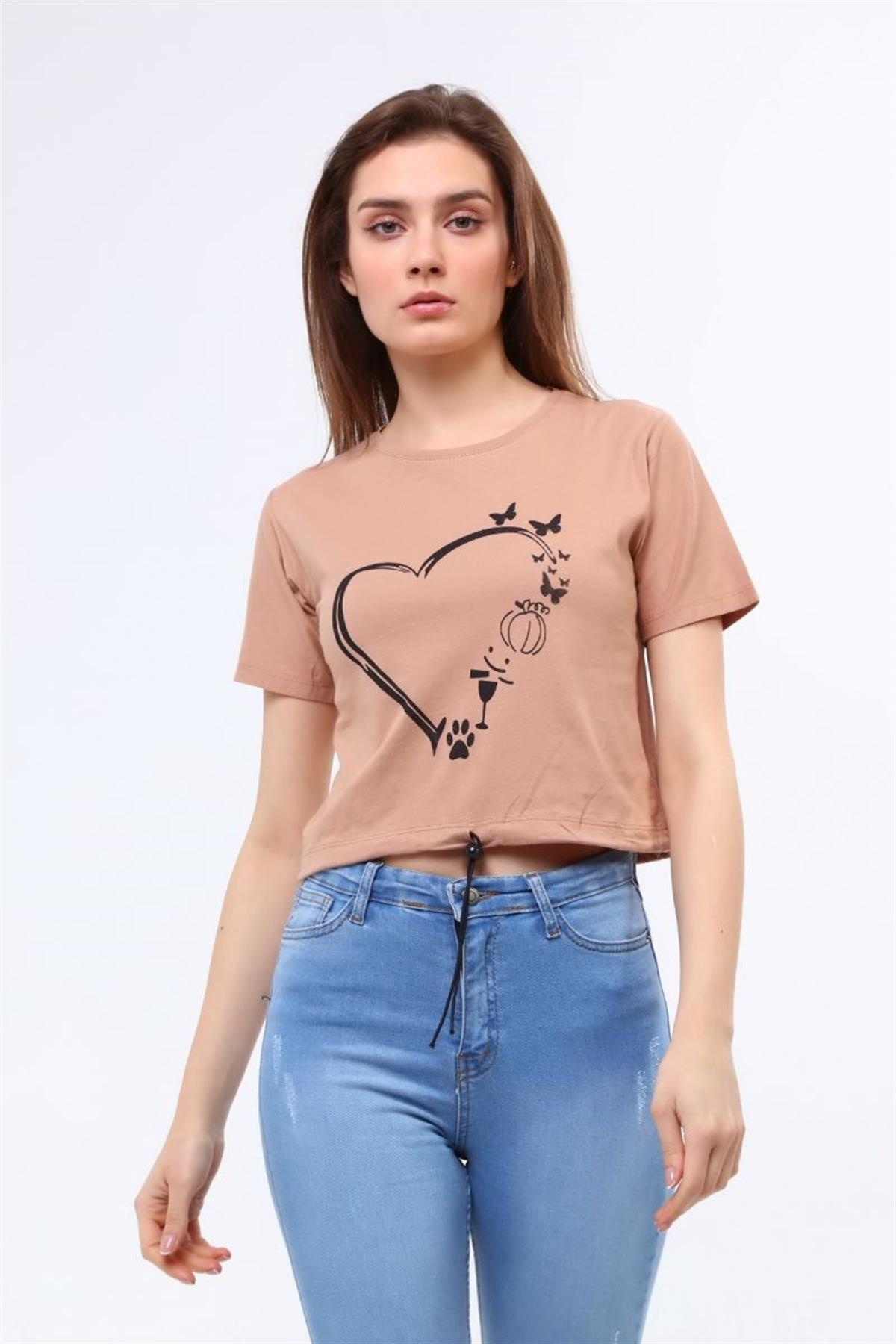 Tshirt Kadın Bisiklet Yaka Ayarlanabilir Ipli Crop T-Shirt Kahverengi