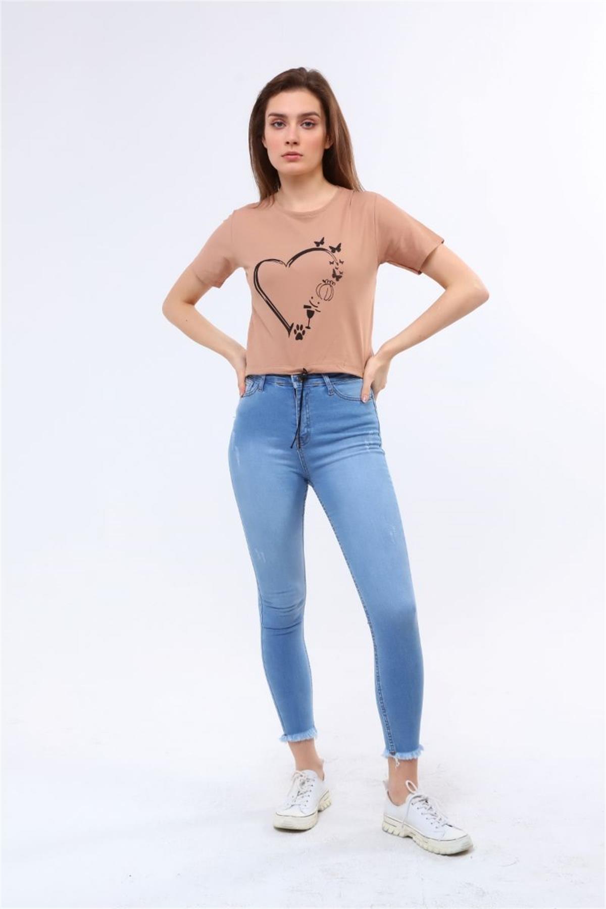 Tshirt Kadın Bisiklet Yaka Ayarlanabilir Ipli Crop T-Shirt Kahverengi