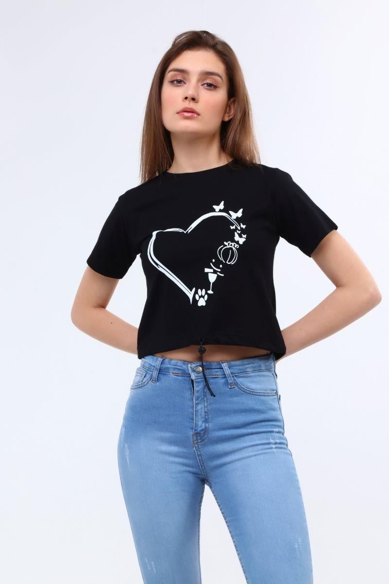 Tshirt Kadın Bisiklet Yaka Ayarlanabilir Ipli Crop T-Shirt Siyah