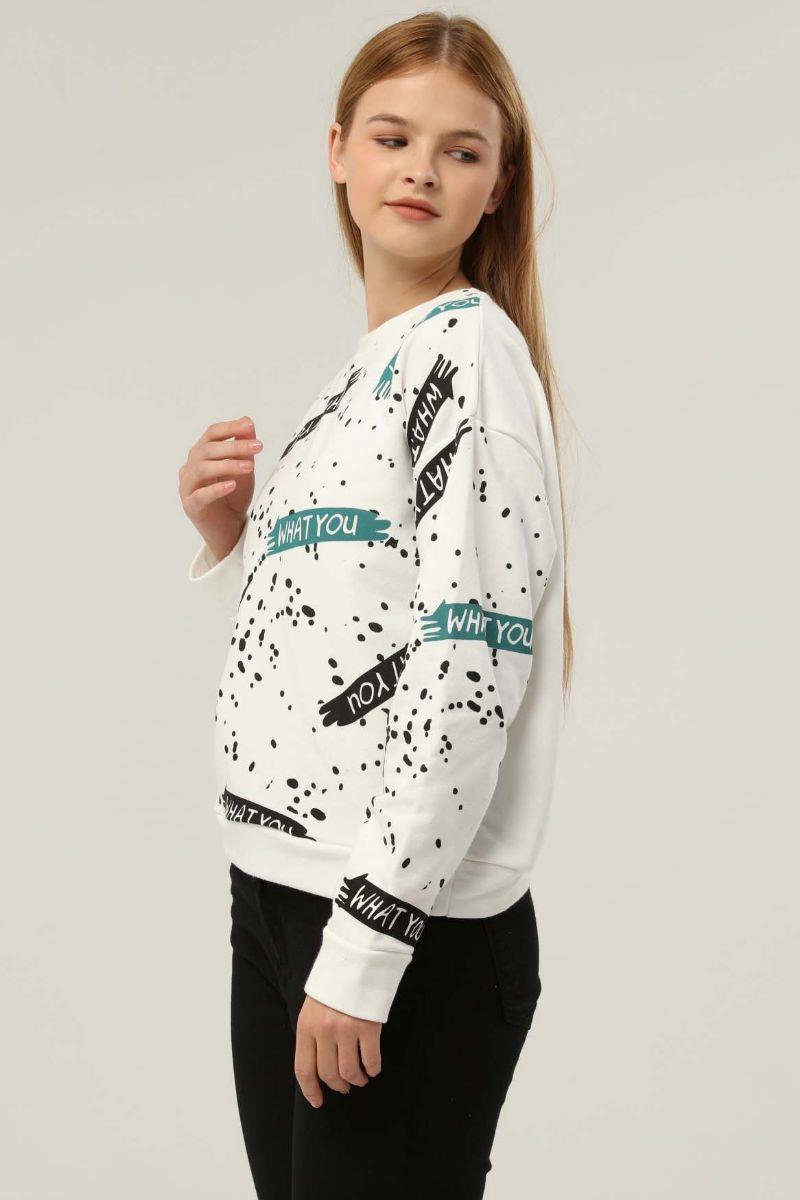 Sweatshirt Kadın Bisiklet Yaka Baskılı Sweatshirt Ekru