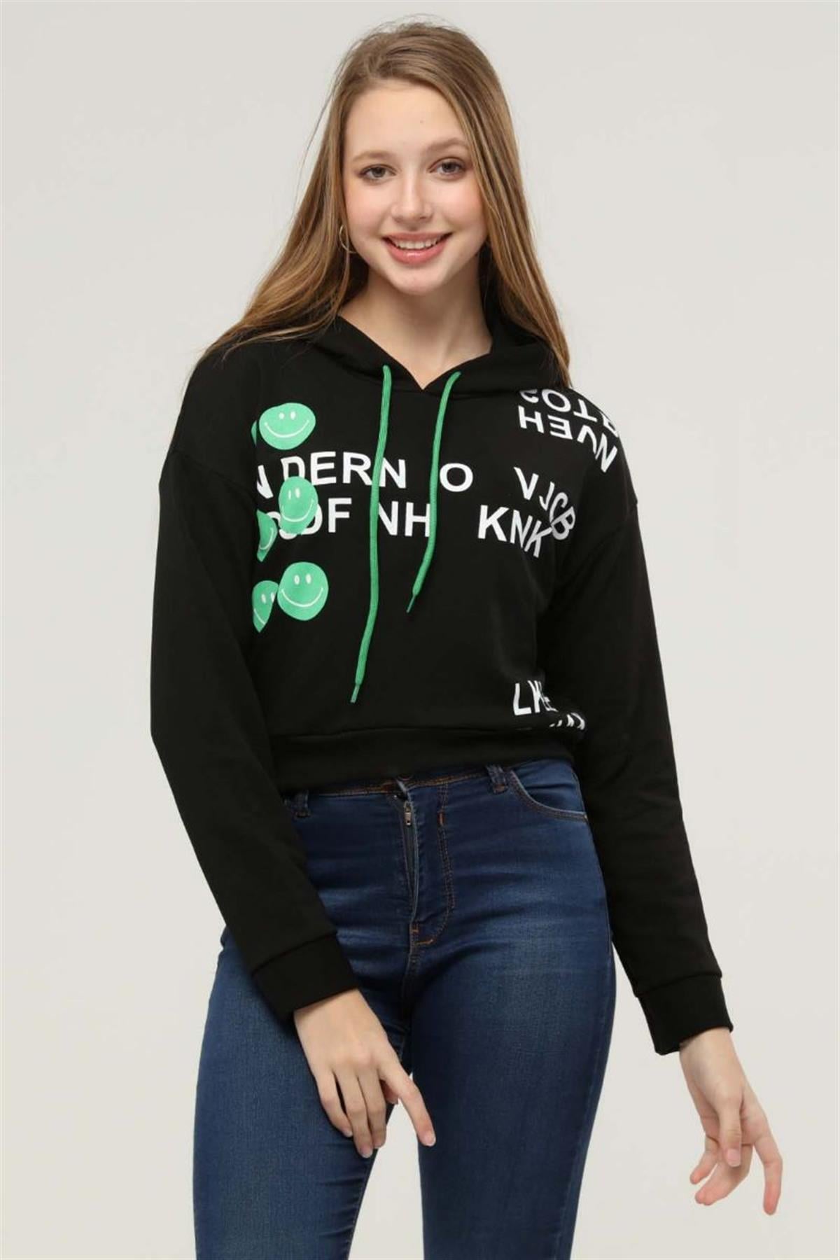 Sweatshirt Kadın Bisiklet Yaka Baskılı Sweatshirt Siyah