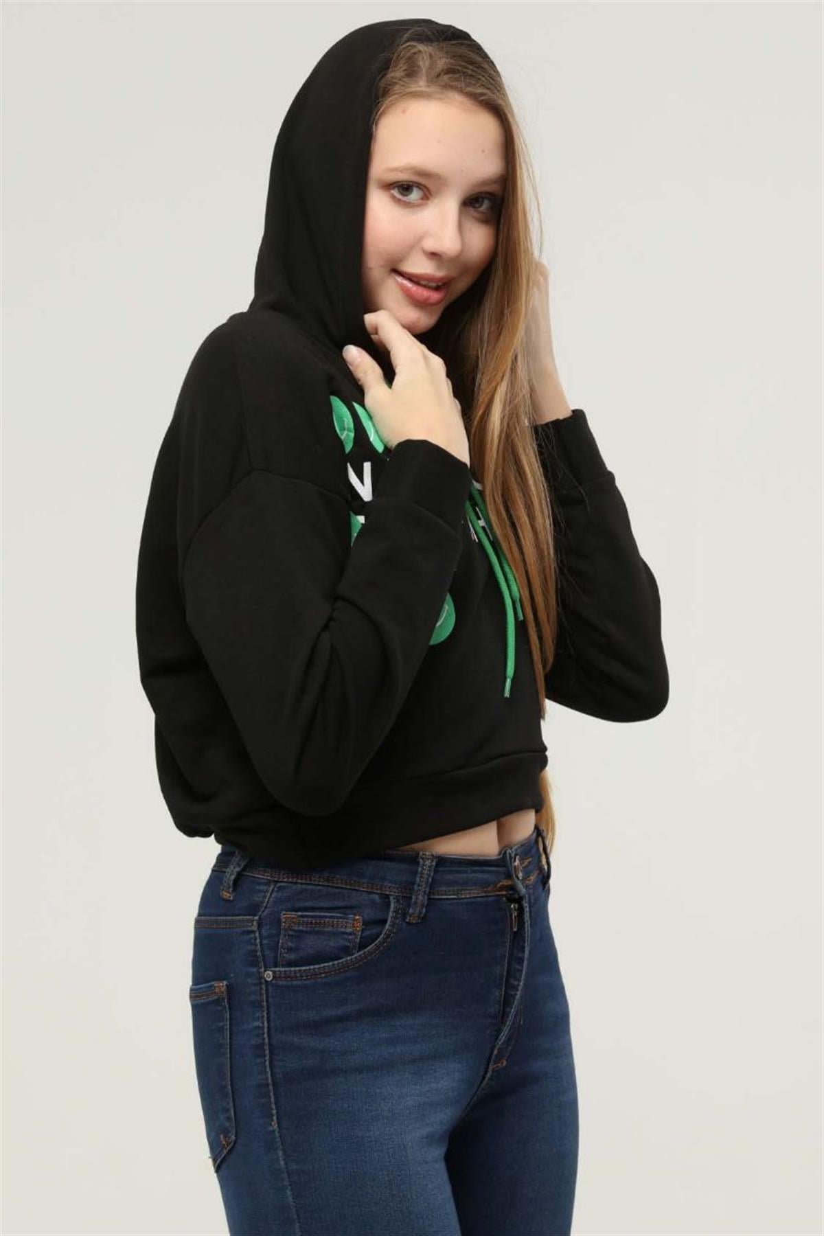 Sweatshirt Kadın Bisiklet Yaka Baskılı Sweatshirt Siyah