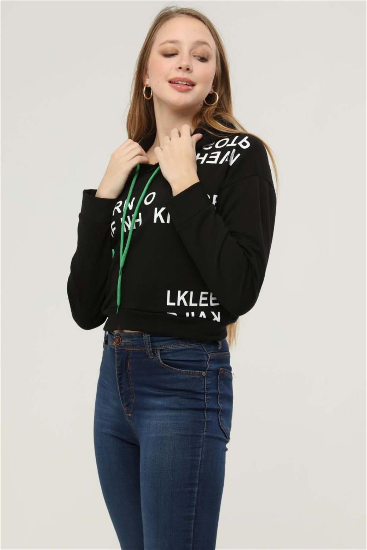 Sweatshirt Kadın Bisiklet Yaka Baskılı Sweatshirt Siyah