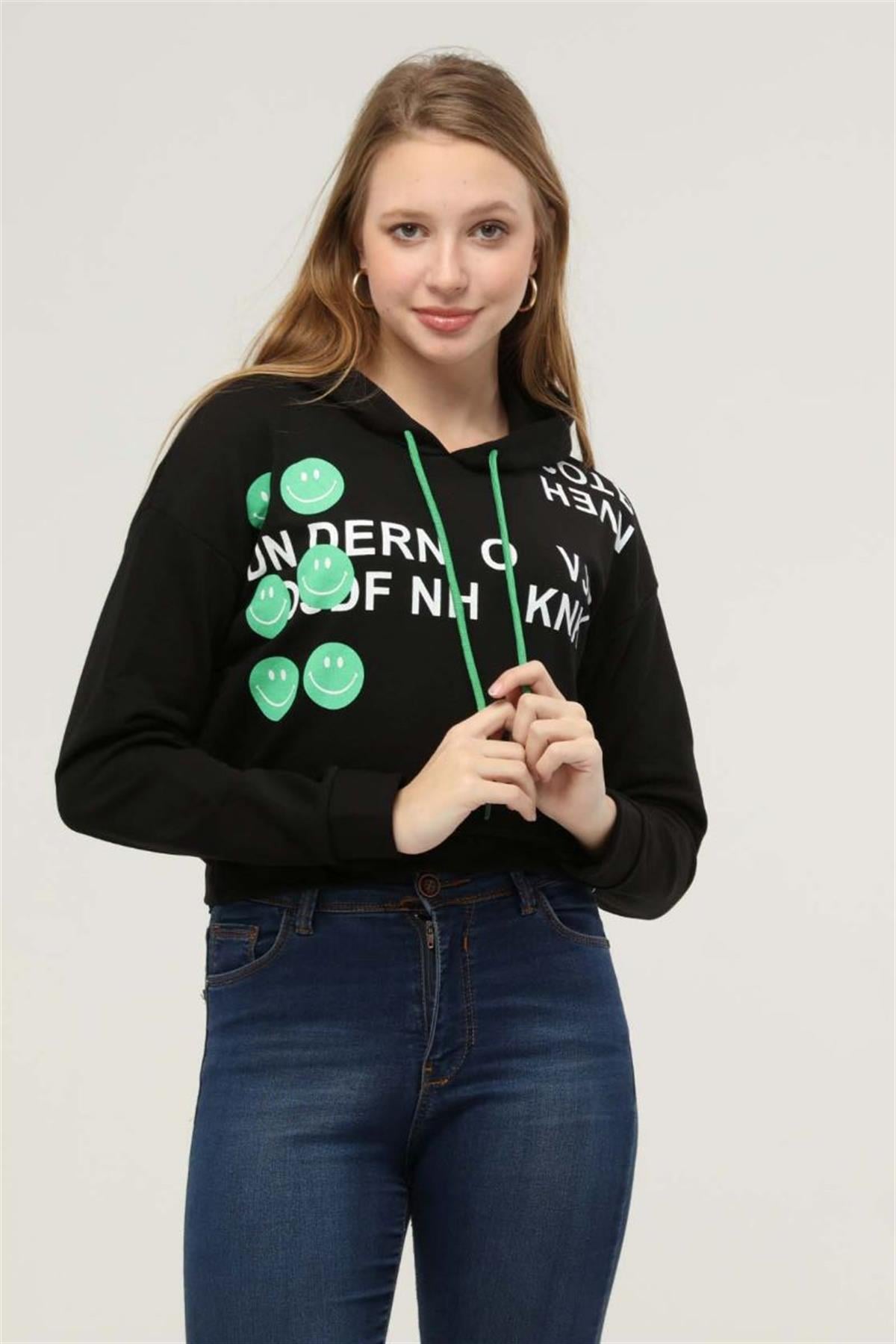 Sweatshirt Kadın Bisiklet Yaka Baskılı Sweatshirt Siyah