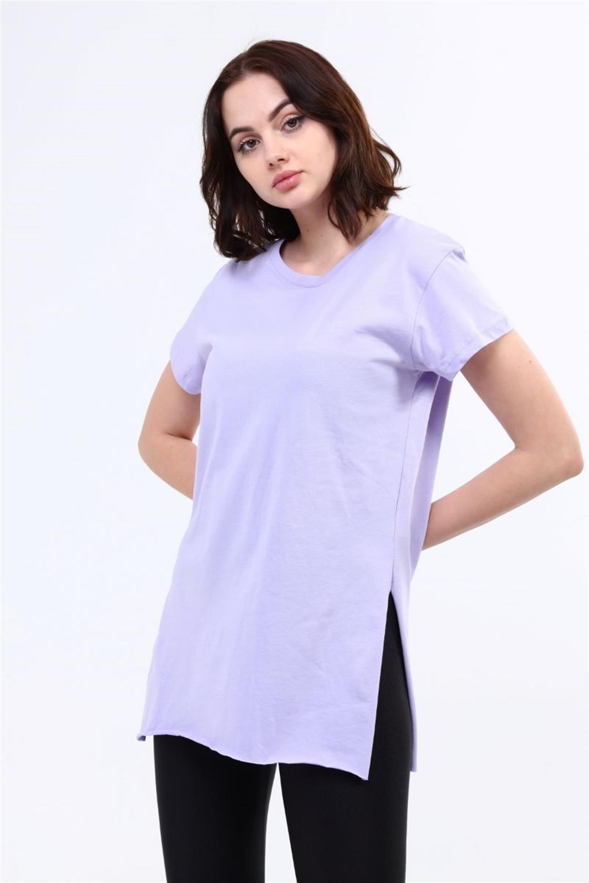 Tshirt Kadın Bisiklet Yaka Yırtmaçlı T-Shirt Lila