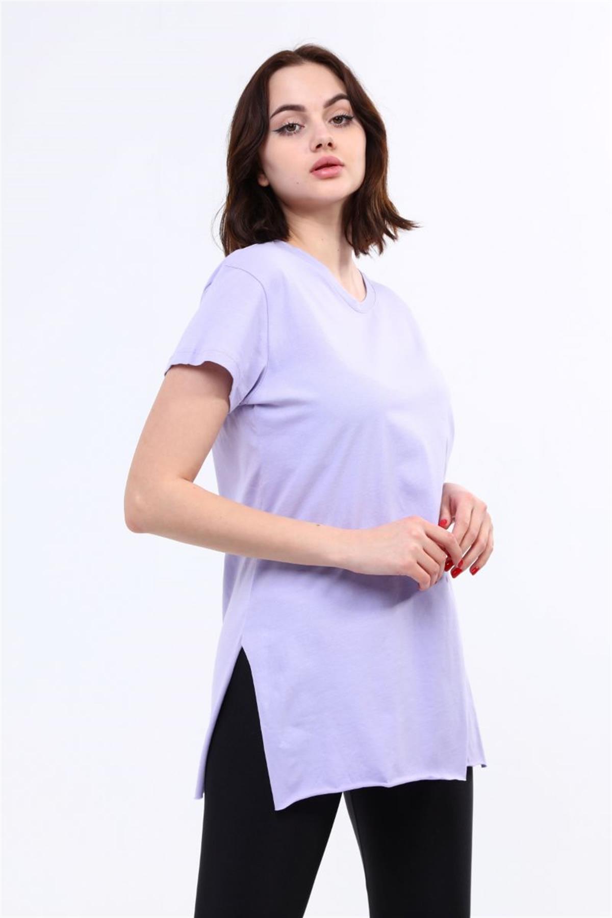 Tshirt Kadın Bisiklet Yaka Yırtmaçlı T-Shirt Lila