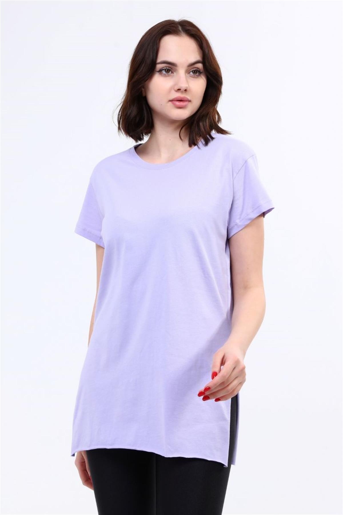 Tshirt Kadın Bisiklet Yaka Yırtmaçlı T-Shirt Lila
