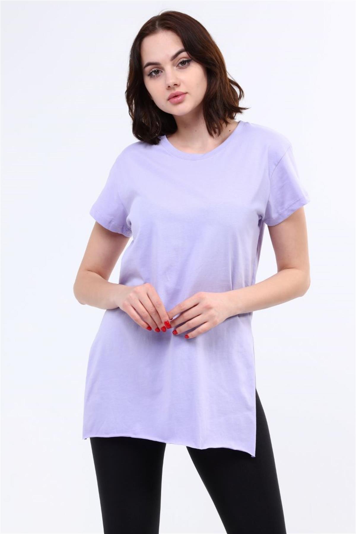 Tshirt Kadın Bisiklet Yaka Yırtmaçlı T-Shirt Lila