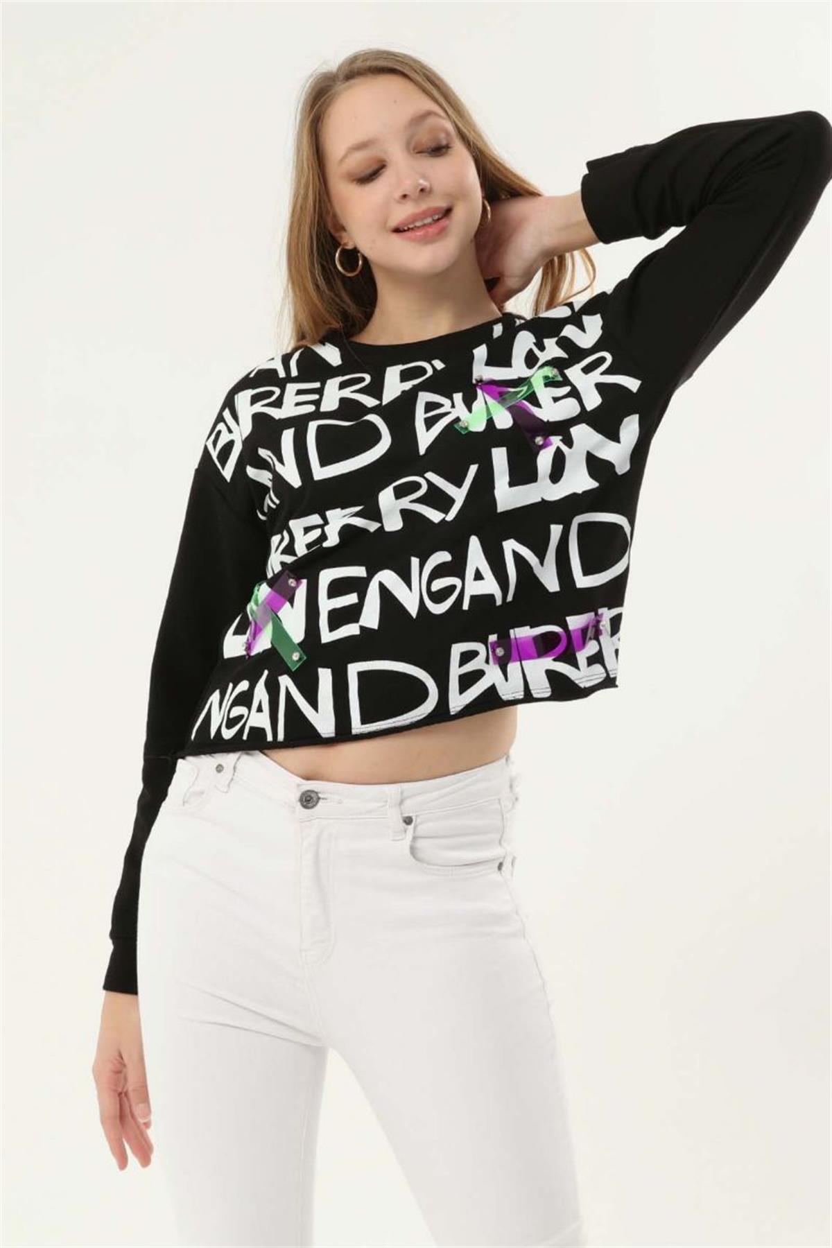 Sweatshirt Kadın Çapraz Aksesuarlı Bisiklet Yaka Altı Yırtık Görünümlü Sweatshirt Siyah