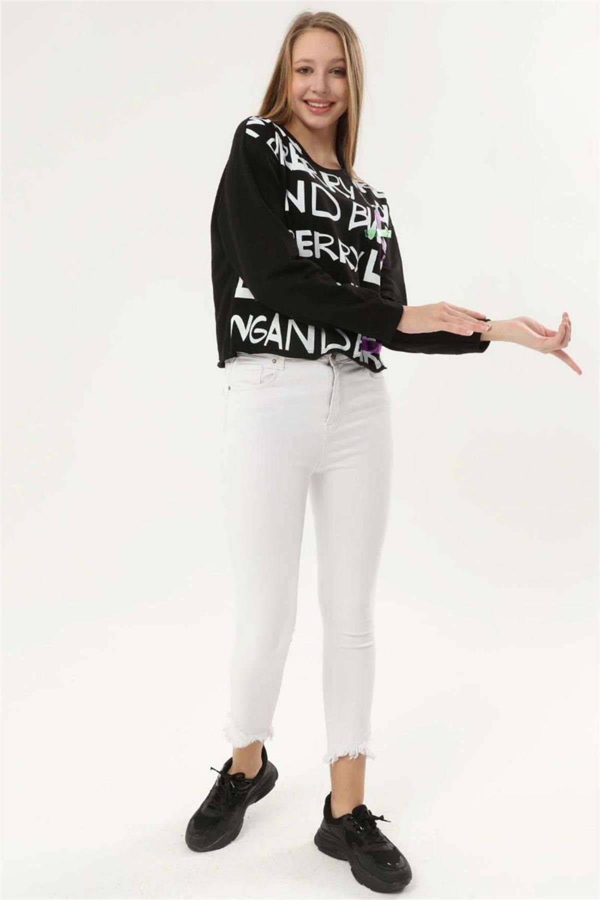 Sweatshirt Kadın Çapraz Aksesuarlı Bisiklet Yaka Altı Yırtık Görünümlü Sweatshirt Siyah