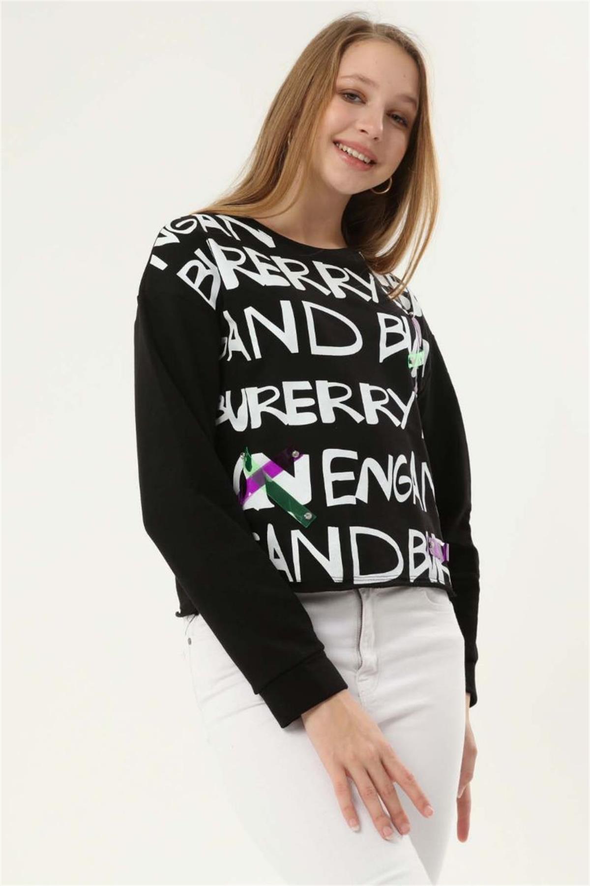 Sweatshirt Kadın Çapraz Aksesuarlı Bisiklet Yaka Altı Yırtık Görünümlü Sweatshirt Siyah