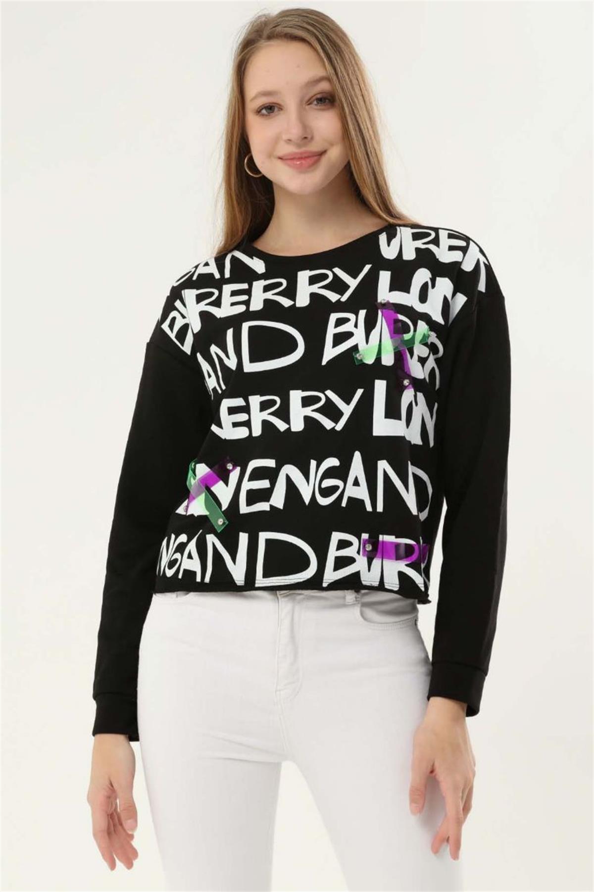 Sweatshirt Kadın Çapraz Aksesuarlı Bisiklet Yaka Altı Yırtık Görünümlü Sweatshirt Siyah