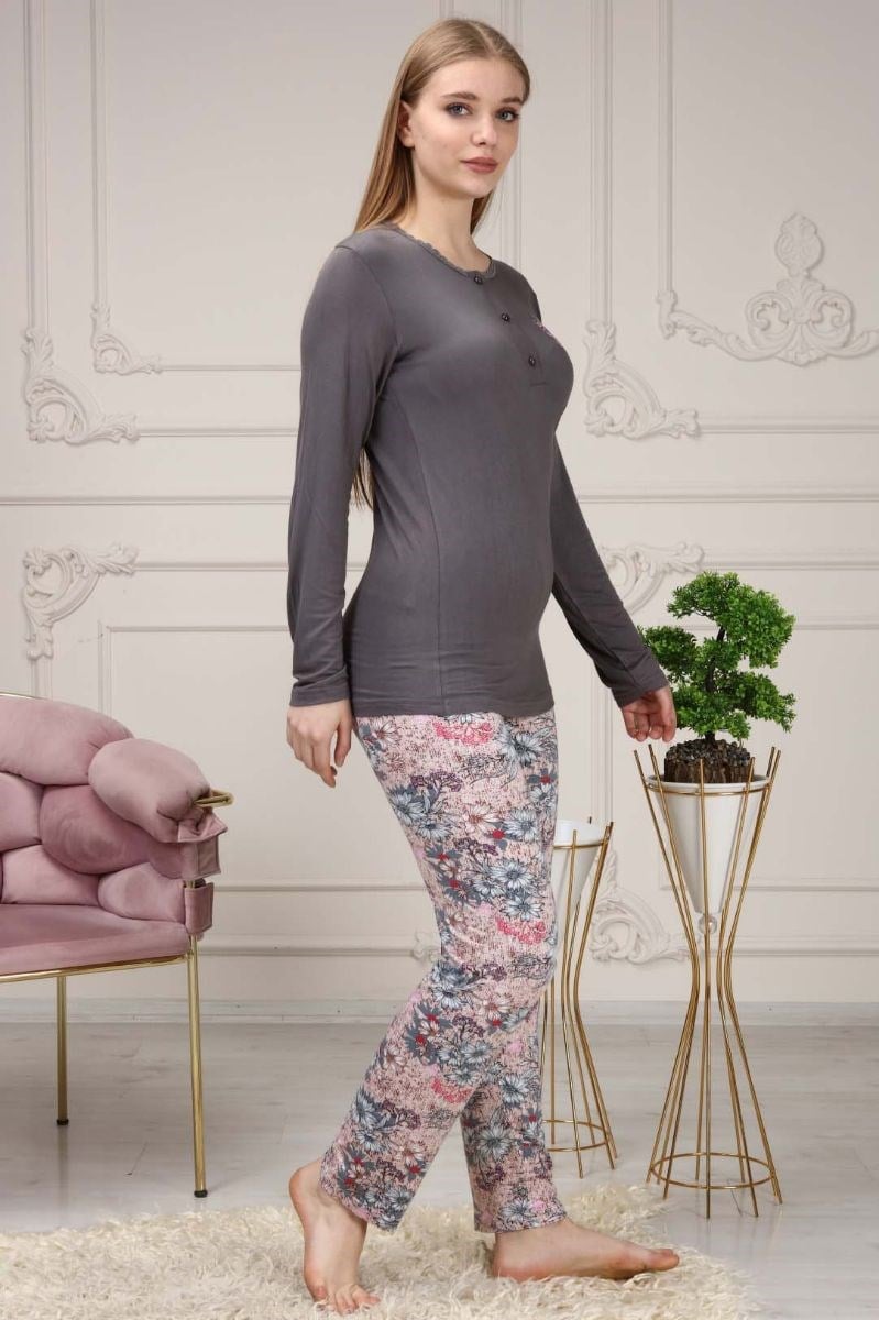Pijama Takımı Kadın Çiçek Baskılı Üç Düğme Pijama Takımı Gri