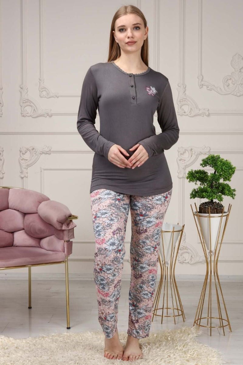 Pijama Takımı Kadın Çiçek Baskılı Üç Düğme Pijama Takımı Gri