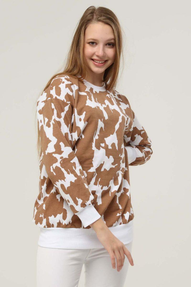 Sweatshirt Kadın Desenli Bisiklet Yaka Sweatshirt Kahverengi