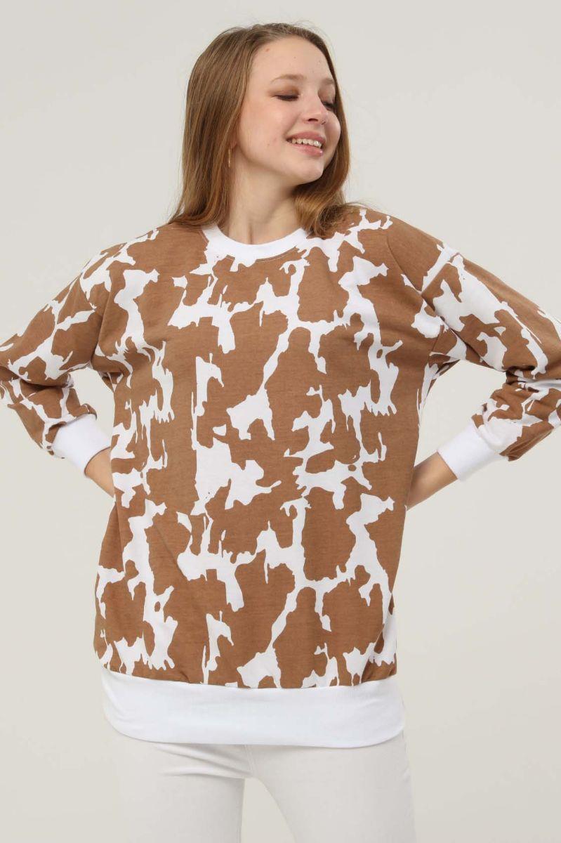 Sweatshirt Kadın Desenli Bisiklet Yaka Sweatshirt Kahverengi