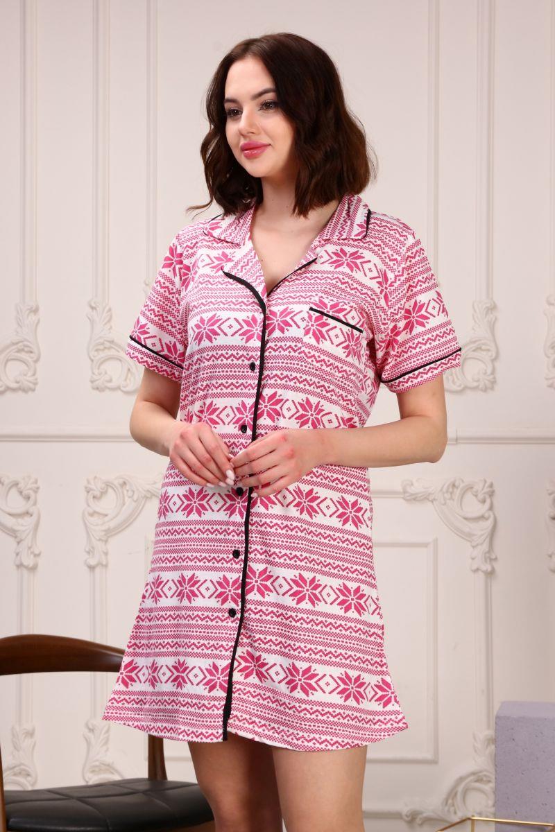 Gecelik Kadın Desenli Düğmeli Kısa Kol Gecelik Mürdüm