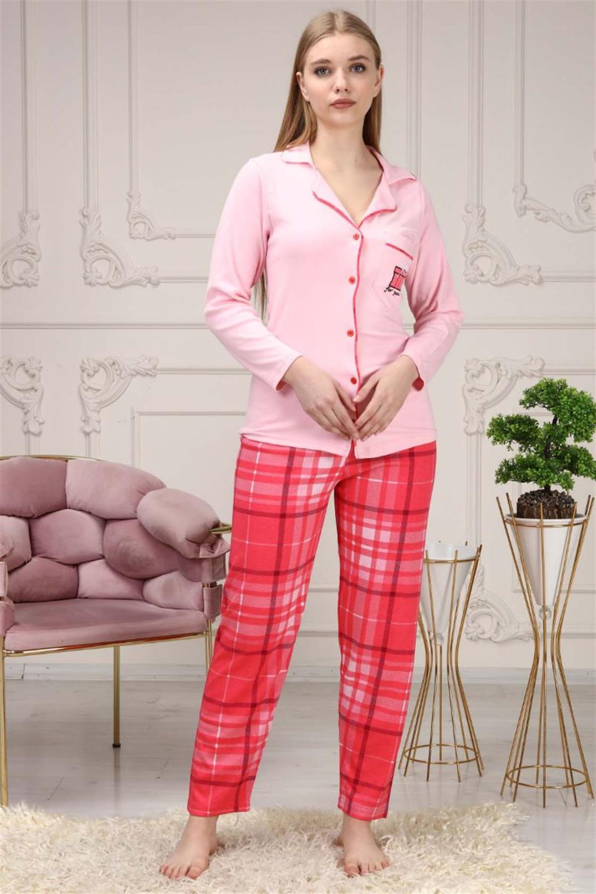 Pijama Takımı Kadın Düğmeli Cepli Maskülen Yaka Pijama Takımı Pembe
