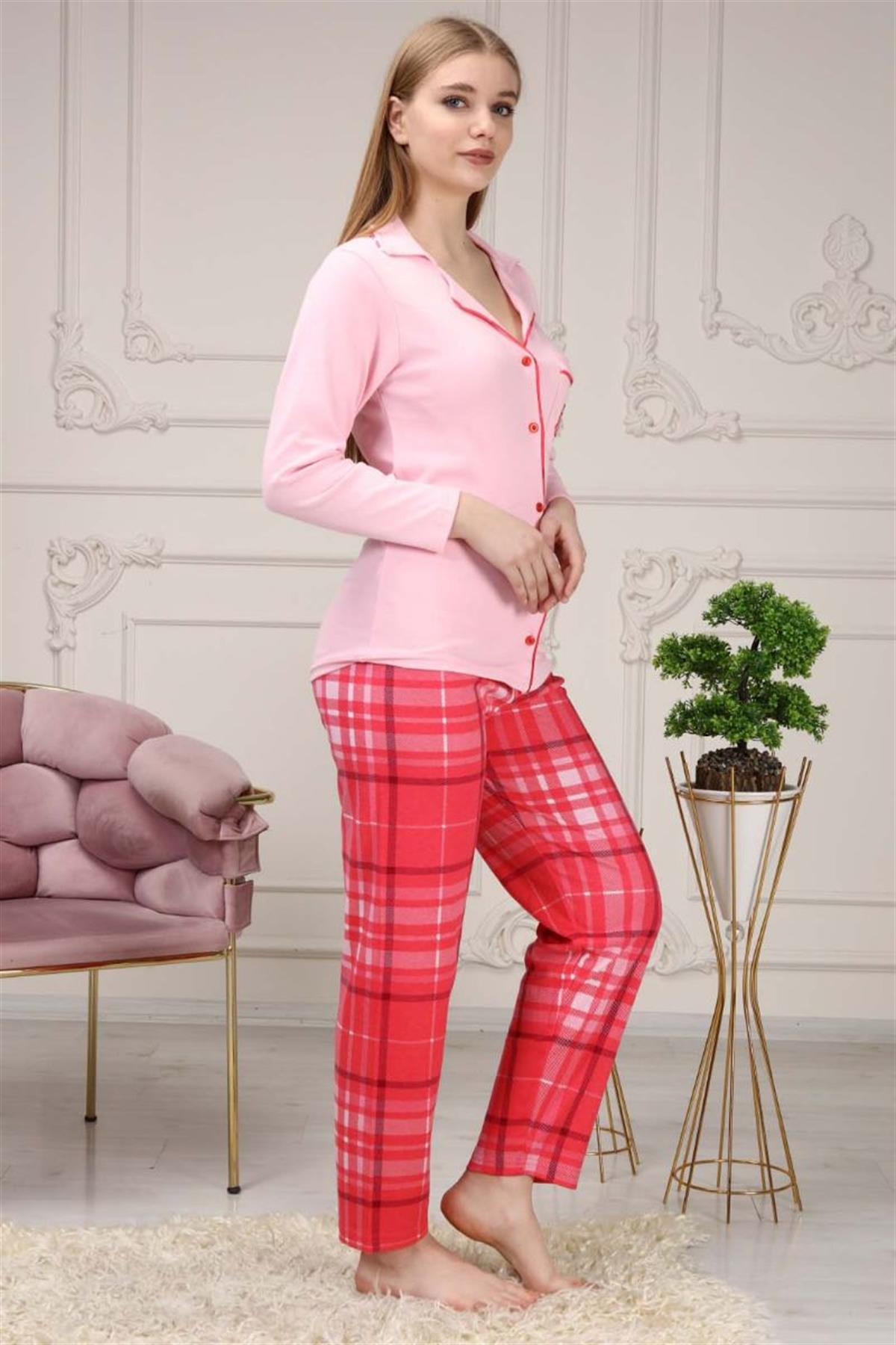 Pijama Takımı Kadın Düğmeli Cepli Maskülen Yaka Pijama Takımı Pembe