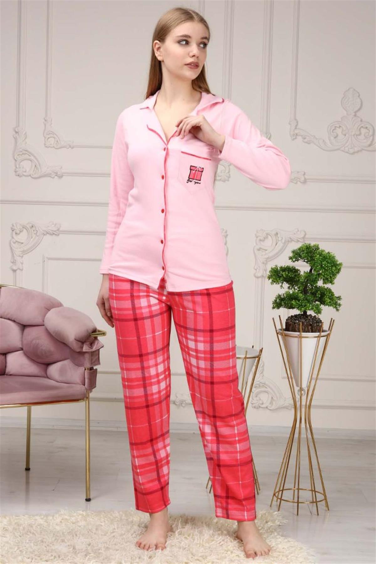 Pijama Takımı Kadın Düğmeli Cepli Maskülen Yaka Pijama Takımı Pembe