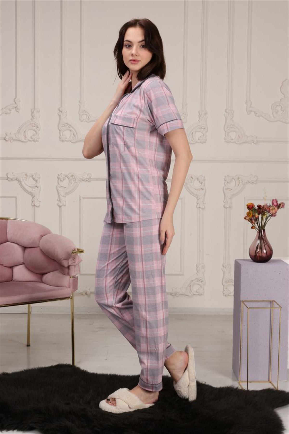 Pijama Takımı Kadın Ekose Desenli Cepli Maskülen Yaka Pijama Takımı Pembe