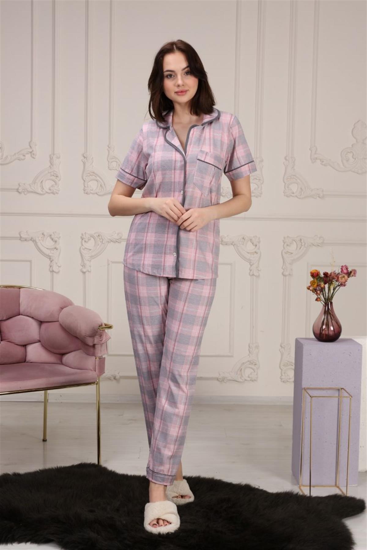 Pijama Takımı Kadın Ekose Desenli Cepli Maskülen Yaka Pijama Takımı Pembe