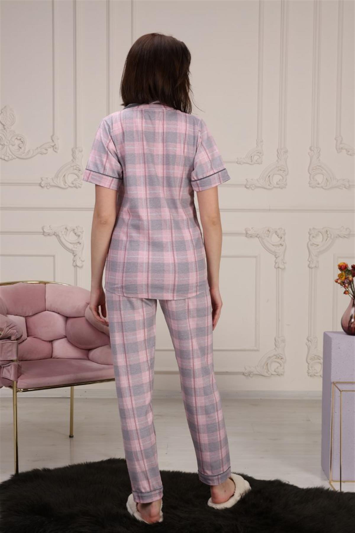 Pijama Takımı Kadın Ekose Desenli Cepli Maskülen Yaka Pijama Takımı Pembe