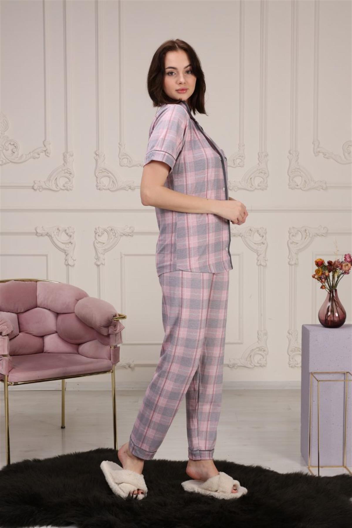 Pijama Takımı Kadın Ekose Desenli Cepli Maskülen Yaka Pijama Takımı Pembe